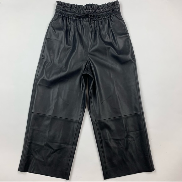 ZARA Black Faux Leather Wide Leg Cropped Pants XS - Picture 1 of 9